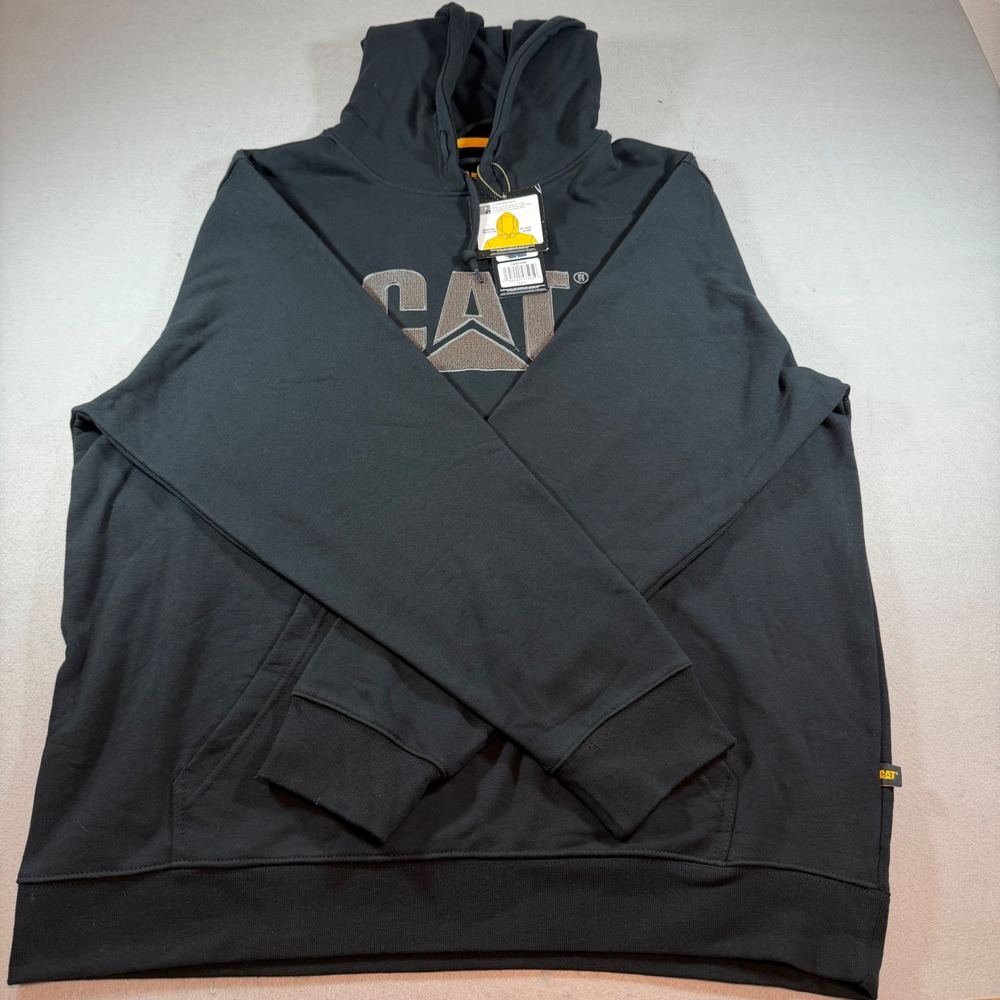 Caterpillar CAT Logo Hoodie Black Fleece Pullover Sweatshirt Workwear L